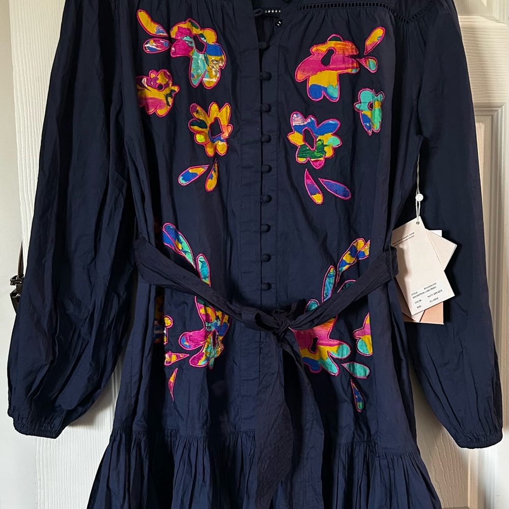 Alicia Navy Tiered Dress with Bright Multicolor Floral Embroidery